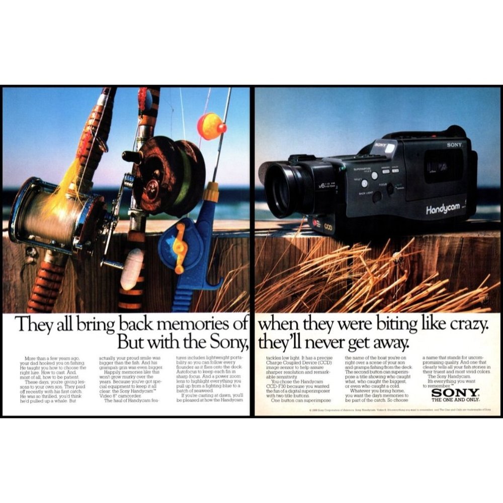 1988 Sony Handycam Camcorder Video Camera 2 Page Vintage Print Ad Fishing Rods